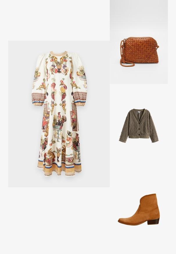 Cardigan marron, texturé avec un motif en maille torsadée, encolure en V et boutons foncés. Présente des poignets et un ourlet côtelés pour le contraste.; Robe longue crème avec des manches bouffantes, décorée de motifs colorés de fruits, légumes et coqs, avec des poignets et un ourlet à motifs marron.; Botte de cheville en suède marron avec un haut courbé, un bout pointu et un petit talon en bois ; présente un détail gaufré subtil sur le côté.; Sac en cuir tressé marron en bandoulière avec une fermeture éclair, de forme arrondie et une poignée tressée. Il présente une petite plaque logo rectangulaire.