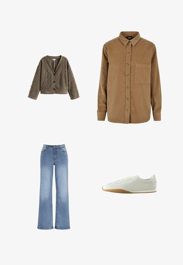 Brun, tekstureret cardigan med et kabelstrik mønster, V-hals og mørke knapper. Har ribbede manchetter og kant for kontrast.; Brun fløjlsskjorte med knaplukning foran, spidse kraver, lange ærmer og en brystlomme. Har en subtil vertikal tekstur og brune knapper.; Lyseblå vidde jeans lavet af denim. Har en knaplukning, fem lommer og syninger i kontrast. Glat overflade med en let falma.; Hvid lav sneaker med brun gummisål, syningsdetaljer, snørelukning foran og broderet logo på siden.