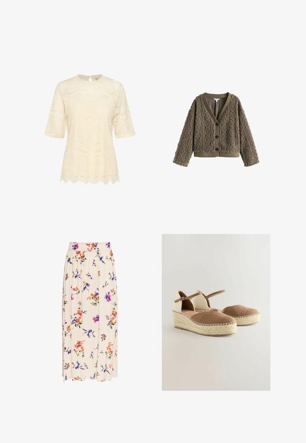 Brauner, strukturierter Cardigan mit einem Zopfmuster, V-Ausschnitt und dunklen Knöpfen. Mit gerippten Bündchen und Saum für den Kontrast.; Cremefarbenes Spitzenoberteil mit kurzen Ärmeln, einem runden Halsauschnitt und gewelltem Saum, der aufwendige texturierte Muster präsentiert.; Blumiger Maxirock in Creme mit lila, orange und pinken Blumen. Elastischer Bund; leichtes, fließendes Gewebe mit weicher Textur.; Braune Wildleder-Wedge-Schuhe mit einer gewebten beigen Rückseite, Knöchelriemen und geflochtener Jutesohle. Runde Zehenpartie und gepolsterter Innenraum.