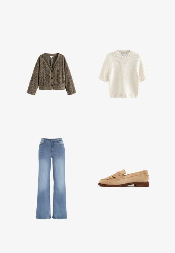 Brun, tekstureret cardigan med et kabelstrik mønster, V-hals og mørke knapper. Har ribbede manchetter og kant for kontrast.; Kortærmet cremefarvet strikket sweater med ribstrikkede manchetter, kant og rund hals, vist fladt på en hvid baggrund.; Lyseblå vidde jeans lavet af denim. Har en knaplukning, fem lommer og syninger i kontrast. Glat overflade med en let falma.; Beige ruskind-loafer med kvastdetalje, lav stablet træhæl og rundet tå på hvid baggrund.