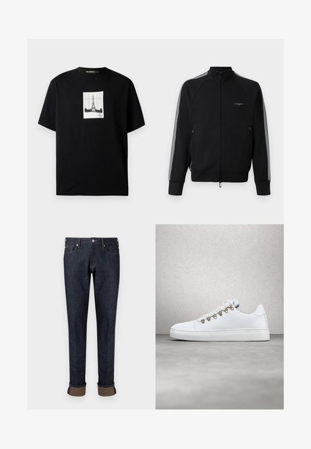 Schwarze Zip-Jacke mit hohem Kragen, grauen Seitenstreifen, zwei Reißverschlusstaschen, strukturiertem Stoff und minimalem Branding auf der Brust.; Schwarzes T-Shirt mit kurzen Ärmeln und einem zentrierten weißen rechteckigen Druck des Eiffelturms sowie einer Unterschrift darunter.; Dunkelblaue Jeans aus Denim mit geradem Bein, ausgestattet mit einem umgeschlagenen Saum und einem markanten Akzent aus braunem Stoff auf den Bündchen.; Weiße Leder-Sneaker mit glatter Textur, goldenen Metallösen, flachen weißen Schnüren und einer dicken weißen Sohle. Minimalistisches Design.