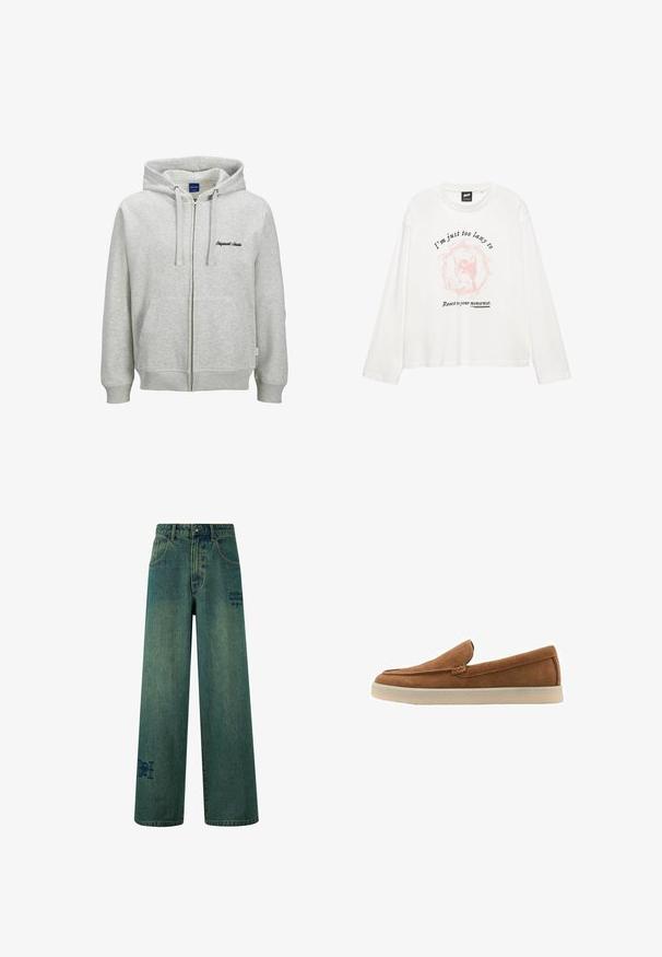 Grauer Reißverschluss-Hoodie aus weichem Material, mit einer Vorderasche, verstellbaren Zugbändern und gesticktem Text auf der Brust.; Weißes Langarm-T-Shirt aus weichem Stoff mit einem grafischen Katzenmotiv in Hellrosa, mit schwarzem Text oberhalb und unterhalb der Illustration.; Weite Jeans aus dunkelblauem Denim mit einer dezenten, verblassten Textur. Mit Gesäßtaschen und einem dekorativen Logodetail.; Braune Wildleder-Slipper mit niedrigem Profil, rundem Zehenbereich und einer hellfarbenen Gummisohle. Verfügen über gestochene Details entlang der Kanten.