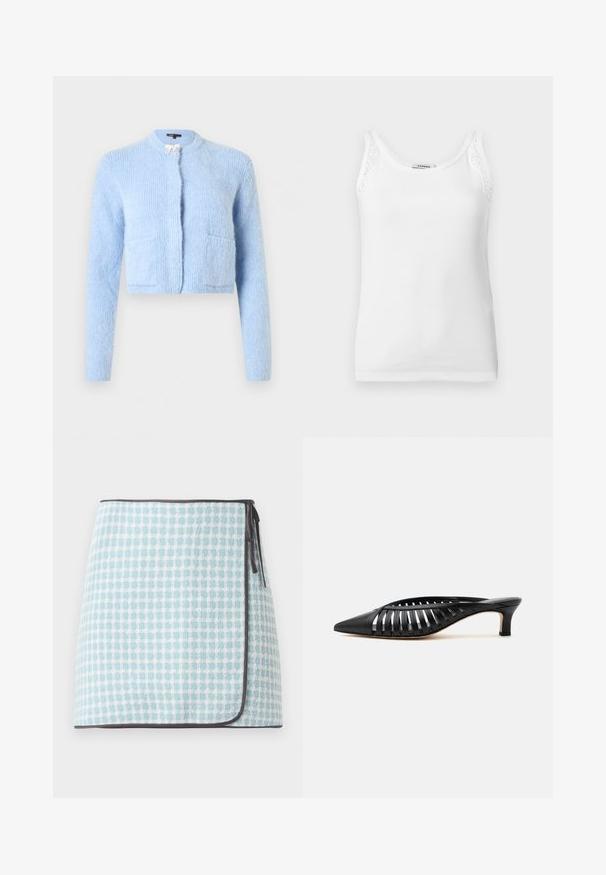 Lyseblå, fluffy cropped cardigan med lange ærmer, to frontlommer og en lille dekorativ sløjfe ved halsudskæringen.; Hvid ribstrikket ærmeløs tanktop med blondekant på skulderstropperne og rund halsudskæring.; Wrap nederdel i lyseblå og hvid ternet mønster, med en blød tekstur og kontrasterende mørk kant. Bånd på siden til lukning.; Sort læder mule med spids snude, stropdetalje og lav kittenhælk på hvid baggrund.