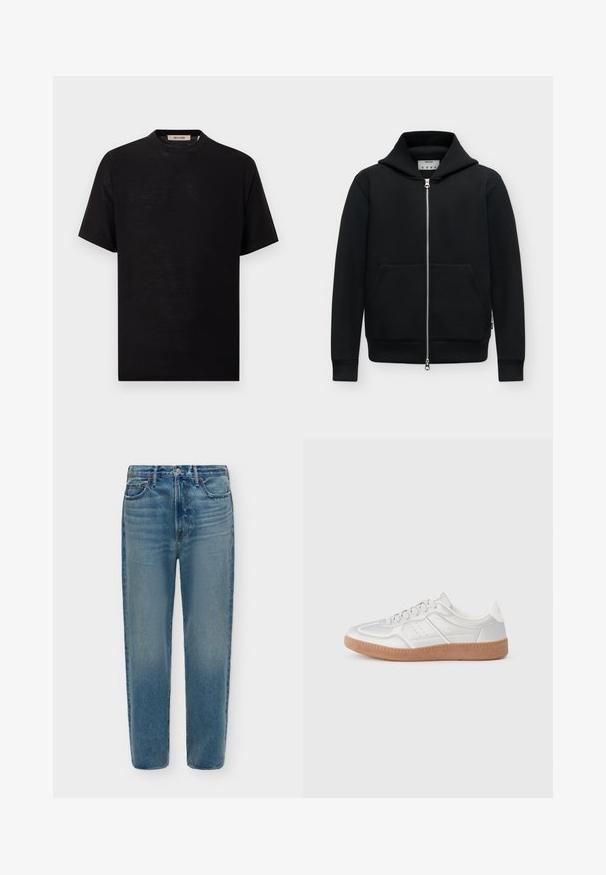 Sweat à capuche noir zippé avec poches à l'avant et col montant, manches longues, et étiquette de marque visible à l'intérieur du col.; T-shirt noir à manches courtes et col rond avec l'étiquette "Only & Sons" à l'intérieur du col, présenté sur un fond blanc.; Jean en denim bleu avec une taille haute, bouton devant, fermeture éclair et cinq poches, présenté sur un fond clair uni.; Baskets argentées avec une texture lisse, un design à lacets, des accents perforés et une semelle en caoutchouc marron texturé.