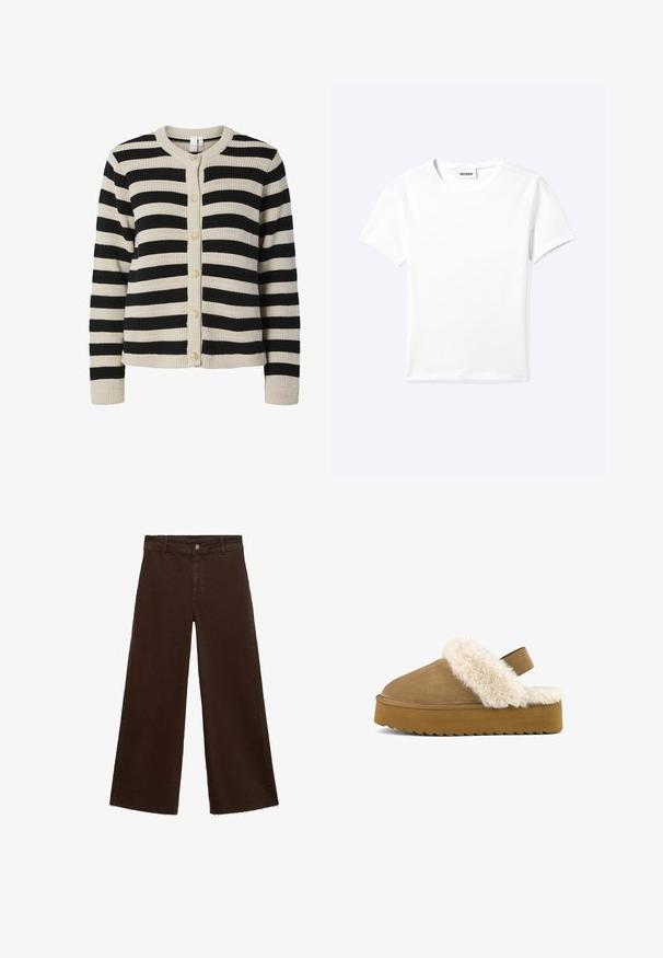 Gestreepte cardigan in beige en zwart, met een geribbelde textuur, ronde halslijn en vijf decoratieve knopen in goudkleur aan de voorkant.; Effen wit T-shirt met korte mouwen en ronde hals met een klein "WEEKDAY" label aan de binnenkant van de hals, plat neergelegd op een lichte achtergrond.; Bruine wijde broek in katoenmix, met een rafelige zoom, sluiting met een knoop aan de voorkant en een klassieke vijf-pocketstijl. Minimalistisch en veelzijdig.; Bruine suède instapslipper met een fluffy crèmekleurige nepbont rand, een dikke platformzool en een achterriem voor ondersteuning. Gemaakt met een gestructureerde grip op de zool.