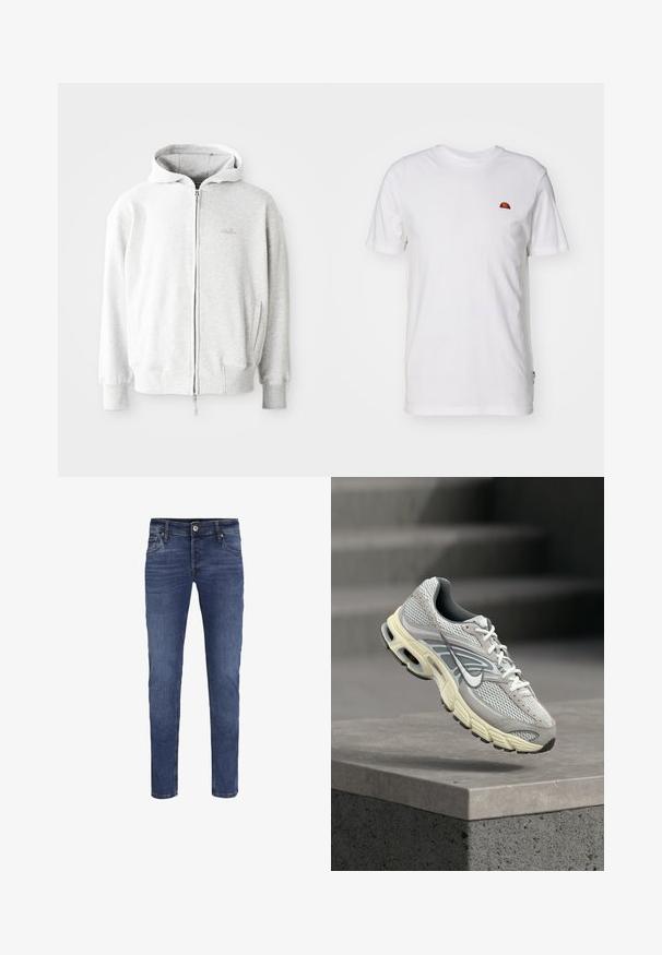 Lys grå zip-up hoodie med snor i hætten, ribbede manchetter og kant, samt et lille logo på brystet. Fremstillet af blødt bomuldsblandingstof.; Hvid bomulds t-shirt med korte ærmer og rund halsudskæring. Har et lille farverigt logo på venstre brystområde. Blød tekstur.; Slim-fit blå denim jeans til mænd med knap- og lynlåslukning, for- og baglommer samt subtile blege detaljer.; Grå og hvid Nike løbesko med polstret sål, svævende over et betontrin i et udendørs miljø.