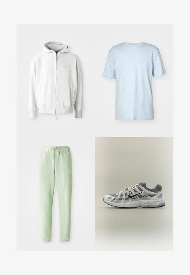 Sudadera con cremallera de color gris claro, con capucha ajustable, puños y dobladillo acanalados, y un pequeño logotipo en el pecho. Fabricada en una suave mezcla de algodón.; Camiseta de algodón azul claro con cuello redondo, mangas cortas y un pequeño logo blanco bordado en el lado izquierdo del pecho.; Pantalones de chándal verde claro, hechos de algodón suave, con cintura elástica y cordón, piernas ajustadas y puños gather.; Zapatilla Nike P-6000 blanca y gris con swoosh negro, paneles de malla y suela texturizada, mostrada de perfil sobre un fondo neutro.