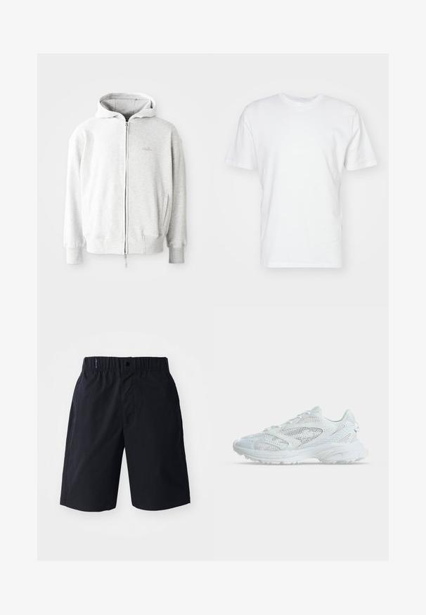Lys grå zip-up hoodie med snor i hætten, ribbede manchetter og kant, samt et lille logo på brystet. Fremstillet af blødt bomuldsblandingstof.; Hvid bomulds T-shirt med korte ærmer, rund halsudskæring og en glat tekstur. Enkel design uden mønstre eller grafik.; Sorte shorts lavet af letvægtsstof, med flad front, elastisk talje og sidelommer. Enkel design uden mønstre.; Hvid atletisk sneaker med meshpaneler og tekstureret sål, vist fra siden på en ensartet lys baggrund.