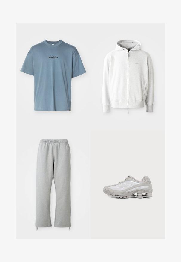 Sudadera con cremallera de color gris claro, con capucha ajustable, puños y dobladillo acanalados, y un pequeño logotipo en el pecho. Fabricada en una suave mezcla de algodón.; Camiseta de algodón de color azul claro con mangas cortas, cuello redondo y logo negro de "Dickies" impreso en el frente. Textura suave y ajuste relajado.; Pantalones de chándal grises con una cintura elástica, piernas rectas y detalles de cordones en el dobladillo. Fabricados en una suave tela texturizada.; Zapatilla deportiva gris y blanca con suela visible de amortiguación de aire y paneles de malla, mostrada de perfil sobre un fondo claro y sencillo.