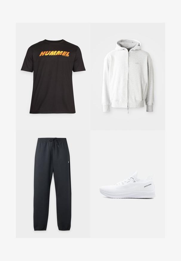 Svetlošedá mikina na zips s kapucňou na šnúrky, rebrovanými manžetami a spodným lemom, a s malým logom na hrudi. Vyrobená z mäkkej zmesi bavlny.; Čierne tričko s krátkym rukávom vyrobené z bavlny. Na hrudi je žlté a oranžové logo "HUMMEL" napísané tučným, diagonálnym písmom.; Čierne elastické tepláky s naťahovacou šnúrkou v páse a lemovanými členkami, zobrazené na jednoduchom svetlom pozadí.; Biela pletená nízka teniska s textúrovanou podrážkou, šnurovaním vpredu a logom "JACK & JONES" na bočnej strane päty.