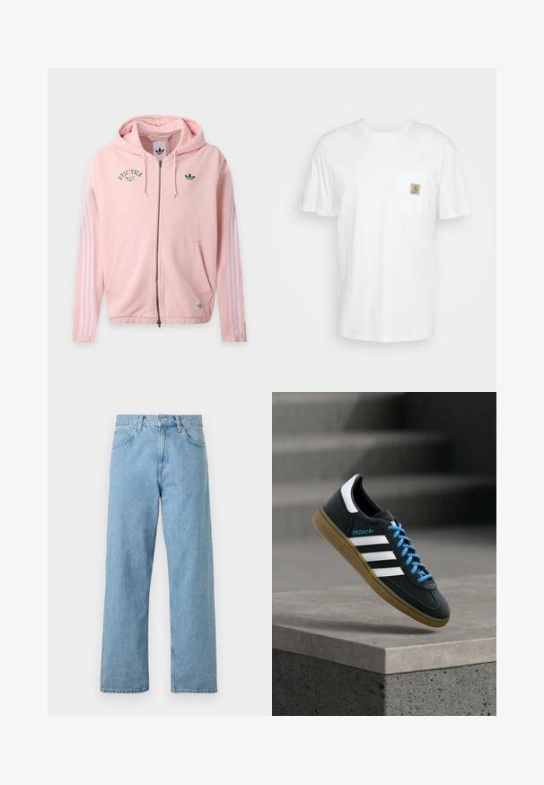 Lyserød hættetrøje med lynlås, hætte, forlommer, hvide tre-stribede ærmer og grønne Adidas Originals-logoer på bryst og ærme.; Hvid bomulds T-shirt med korte ærmer, en brystlomme, og et lille firkantet logo patch i orange og hvid på lommen.; Lyseblå denimjeans med lige ben, fem lommer, knap- og lynlåslukning samt en let slidt finish.; Sort Adidas sneaker med hvide striber, blå snørebånd og gummisål, der svæver over gråt betontrin i blødt lys.