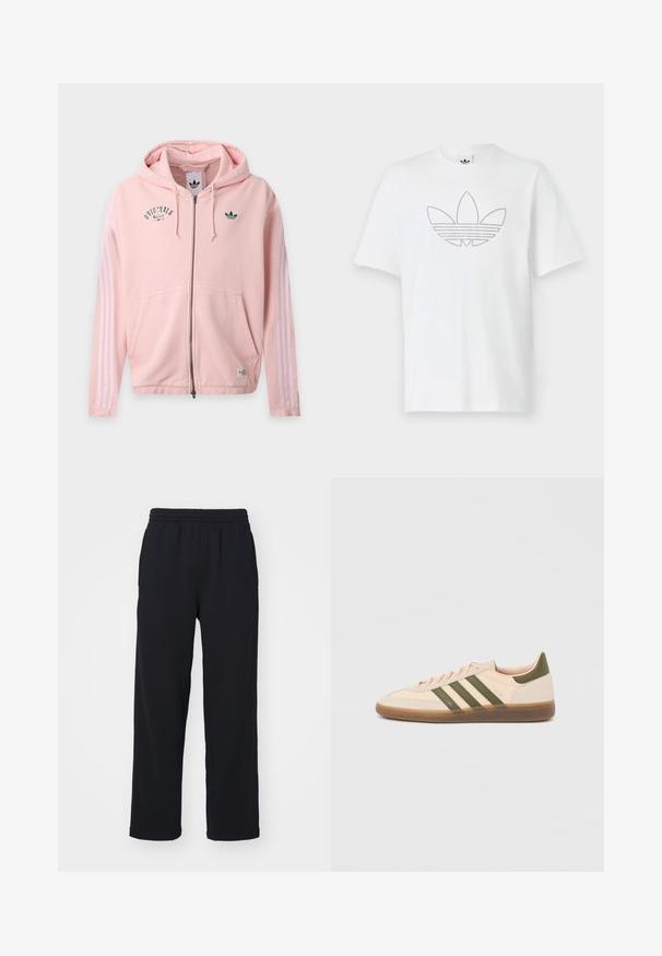 Lichtroze zip-up hoodie met capuchon, voorzakken, witte drie-strepen mouwen en groene Adidas Originals-logo's op borst en mouw.; Witte katoen T-shirt met een gestippeld zwart omtreklijn van een trefoil-logo aan de voorkant. Korte mouwen en een ronde hals.; Zwarte sweatpants met een elastische tailleband, rechte benen en gestikte details. Gemaakt van zachte, textuurstof.; Beige Adidas Spezial sneaker met een laag profiel, groene strepen, een gumkleurige zool en "SPEZIAL" branding aan de zijkant, gezien vanaf de buitenzijde.