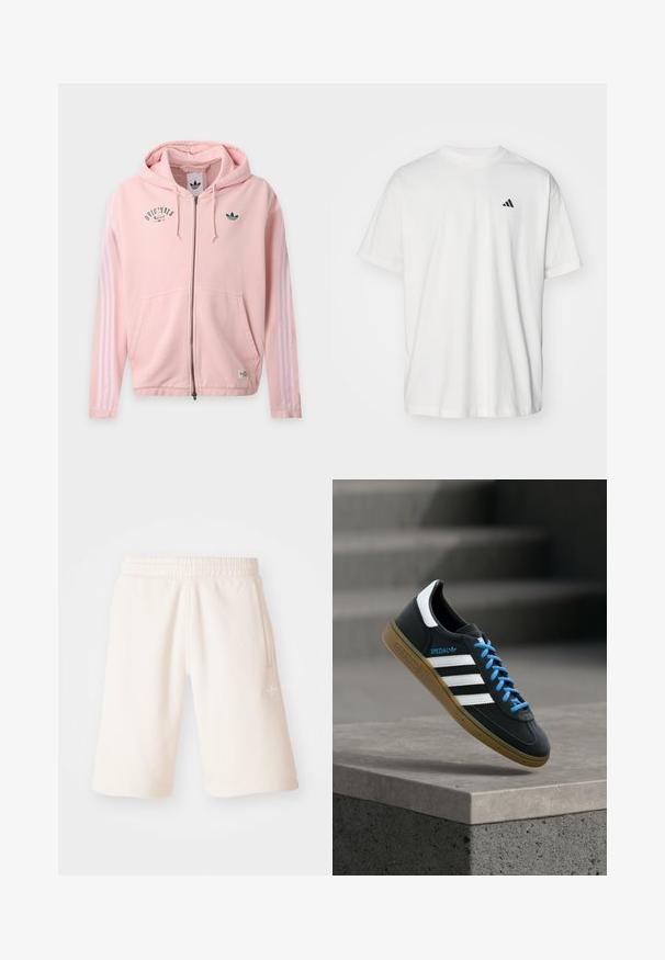 Sudadera con capucha rosa claro con cremallera, capucha, bolsillos delanteros, mangas blancas con tres rayas y logos verdes de Adidas Originals en el pecho y la manga.; Camiseta de algodón blanca con mangas cortas, cuello redondo y un pequeño logo negro de Adidas en el lado izquierdo del pecho. Textura suave, ajuste casual.; Pantalones cortos de algodón color crema con cintura elástica, bolsillos laterales y un logotipo sutil en la pierna izquierda. Textura suave y diseño hasta la rodilla.; Zapatilla negra Adidas con franjas blancas, cordones azules y suela de goma flotando sobre un escalón de hormigón gris con luz suave.