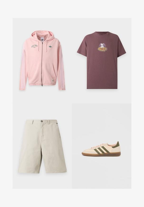 Sweat à capuche zippé rose clair avec capuche, poches avant, manches blanches à trois bandes et logos Adidas Originals verts sur la poitrine et la manche.; T-shirt à manches courtes mauve foncé avec un personnage de chauve-souris dessin animé blanc assis sur une forme de soleil jaune avec le texte "Volcom" au centre.; Shorts en tissu beige à coupe décontractée, dotés d'une fermeture à bouton, de passants pour ceinture et de poches latérales. Texture lisse avec des détails de couture subtils.; Baskets beige discrètes Adidas Spezial avec des bandes vertes, une semelle en caoutchouc et le logo "SPEZIAL" sur le côté, vues de l'extérieur.