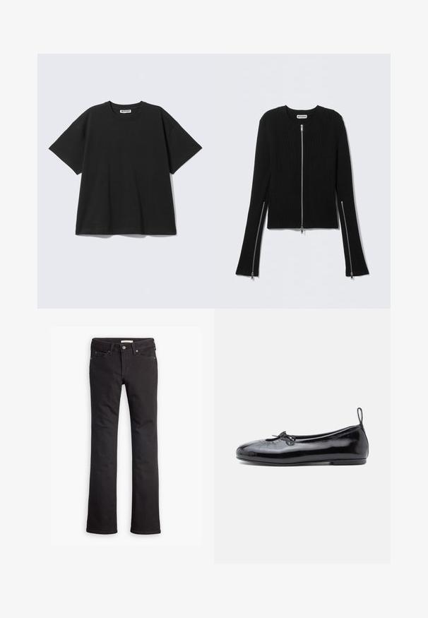 Black ribbed sweater with a rounded neckline and full front zipper, featuring long sleeves with zippers at the wrists and a cropped fit.; Black short-sleeve crew neck T-shirt with "WEEKDAY" label at the collar, laid flat on a light gray background.; Black jeans made from denim, featuring a straight leg design, standard waist, five pockets, and subtle stitching details.; Black patent leather ballet flat with a round toe, small bow detail, and smooth texture; features a low flat sole and a pull tab at the heel.