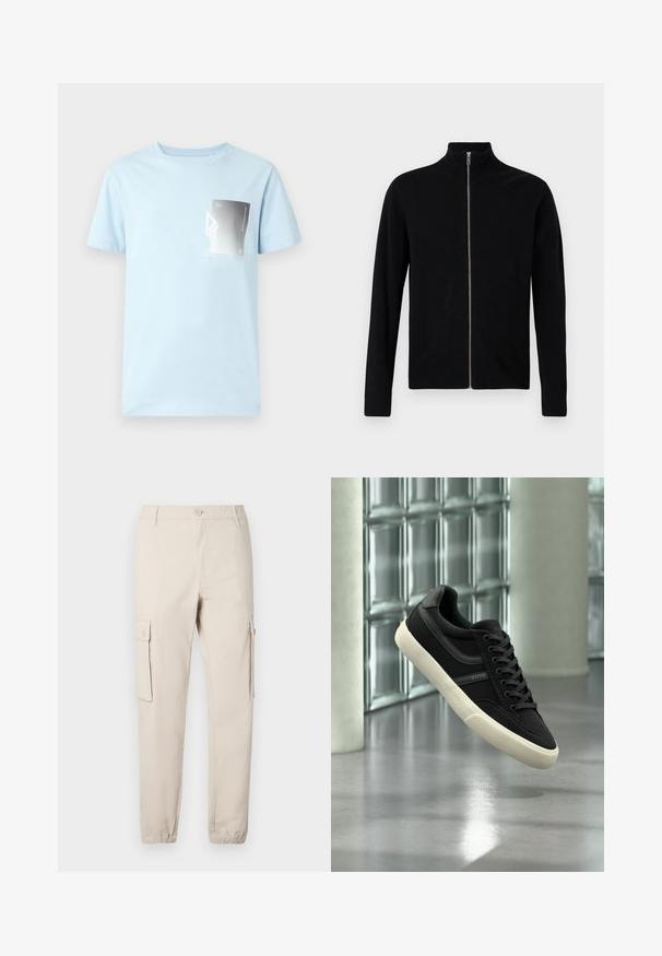 Sort langærmet zip-up trøje med ribbet krave, manchetter og kant på en ensfarvet hvid baggrund.; Lyseblå bomulds t-shirt med korte ærmer og rund halsudskæring. Har et rektangulært grafisk print i sort og hvidt på venstre bryst.; Beige cargobukser med to sidelommer, knaplukning, elastiske manchetter og et ben med lige snit. Fremstillet af holdbart bomuldsstof.; Sort lavt sneakersko med hvid sål og snørebånd, mærket "BOSS", svævende indendørs nær glasblokvinduer og betonpiller.