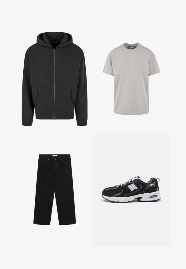 Sort zip-up hættejakke lavet af blødt stof, med en frontlynlås, to frontlommer og snoretræk i hætten. Ribbet kant ved ærmer og bund.; Lys grå bomulds T-shirt, korte ærmer, rund hals, afslappet pasform, glat tekstur, ingen mønstre eller synlige grafik. Rengør design.; Sorte brede jeans i denimstof, der har en frontal knaplukning, bæltesløjfer og lommer. Glat tekstur, minimalistisk design.; Sorte og grå sportssko med mesh og ruskind på overdelen, der har en hvid mellemsål, snørebånd og et iøjnefaldende "N" logo på siden.