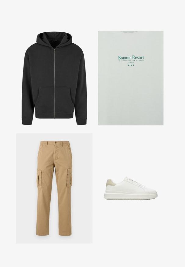 Schwarze Zip-Hoodie aus weichem Material, mit einem Frontreißverschluss, zwei Fronttaschen und einer Kapuze mit Kordelzug. Rippbündchen und Saum.; Botanic Resort Text mit Adresse "Les Galeries du Port, Quai du Lazaret, 9 Marsella" und drei grünen Sternen auf hellem Stoff gedruckt.; Beige Cargo-Hosen mit zwei Seitentaschen, einem Knopfverschluss, geradem Bein und einem weichen, strukturierten Stoff.; Weiße Sneakers aus glattem Leder mit einer texturierten, beigen Fersenapplikation, runden Schnürsenkeln, einem flachen Design und einer Gummisohle.