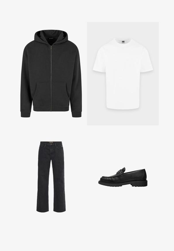 Sort zip-up hættejakke lavet af blødt stof, med en frontlynlås, to frontlommer og snoretræk i hætten. Ribbet kant ved ærmer og bund.; Enkelt hvid kortærmet T-shirt med rund hals i bomuld vist på en lys grå baggrund.; Sorte denim bukser med vid ben, knaplukning, fem lommer og en let slidt tekstur. Lige snit fra talje til søm.; Sort læderloafer med syninger på toppen, nitter på remmen og tyk gummisål, vist i profil på hvid baggrund.