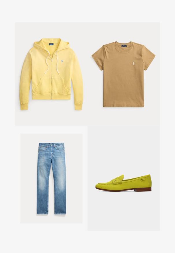 Gelber Kapuzenpullover mit Reißverschluss, Fronttaschen, weißen Kordeln, gerippten Bündchen und Saum sowie kleinem blau besticktem Logo auf der linken Brust.; Beige Polo Ralph Lauren T-Shirt mit kurzen Ärmeln, Rundhalsausschnitt und kleinem weiß besticktem Logo auf der linken Brust.; Hellblaue Straight-Leg-Denim-Jeans mit leichtem Verblassen, Fünf-Taschen-Design und sichtbarem Polo-Markenlabel am Bund.; Heller gelber Leder-Slipper mit brauner Sohle, genähten Details und kleinem Polo-Markenetikett an der Ferse.