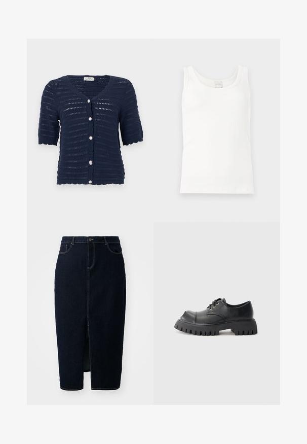Mørkeblå kortærmet cardigan i strik med vandrette åbne striber og fem glitrende runde knapper foran.; Hvid ribstrikket ærmeløs tanktop med rund halsudskæring og Calvin Klein-mærke ved den bageste krave.; Mørk denim blyantskørt med en frontslids, knaplukning og synlige sømdetaljer. Designet til en tætsiddende silhuet.; Sorte snøresko med rund tå, gummichunky sål og stort mønster. Fremstillet af glat læder med kontrastsyet.