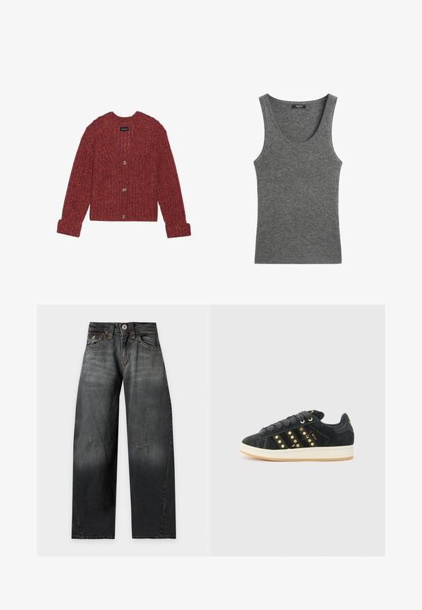 Rød strikket cardigan med dyb V-udskæring, lange ærmer og ribbet tekstur; har fire store knapper ned ad fronten.; Grå ribbet ærmeløs strikket tanktop med rund udskæring og en lille sort mærkeindlæg indeni kraven.; Sorte vidde jeans med knaplukning, for- og baglommer samt synlige sømdetaljer på benene.; adidas Originals CAMPUS 00S W - Sneakers - core black/carbon/gold-coloured