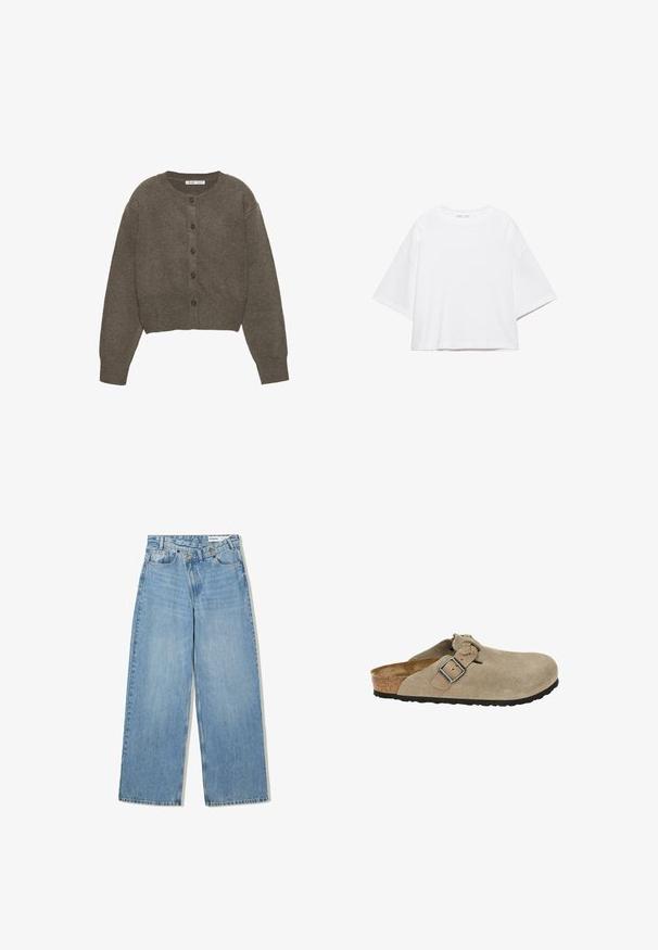 Bruine gebreide cardigan met knopen, lange mouwen en een ronde hals, plat neergelegd op een witte achtergrond.; Wit, kort mouw, boxy t-shirt gemaakt van zacht katoen. Heeft een ronde hals en brede mouwen, met een strak, eenvoudig ontwerp.; Lichtblauwe wijde jeans van denim, met een hoge taille, vijf zakken, knoopsluiting en subtiele vervaging voor textuur.; Beige suède klompen met een ronde neus, verstelbare band en gesp, kurken tussenzool en een gestructureerde zwarte rubberen zool voor voldoende grip.