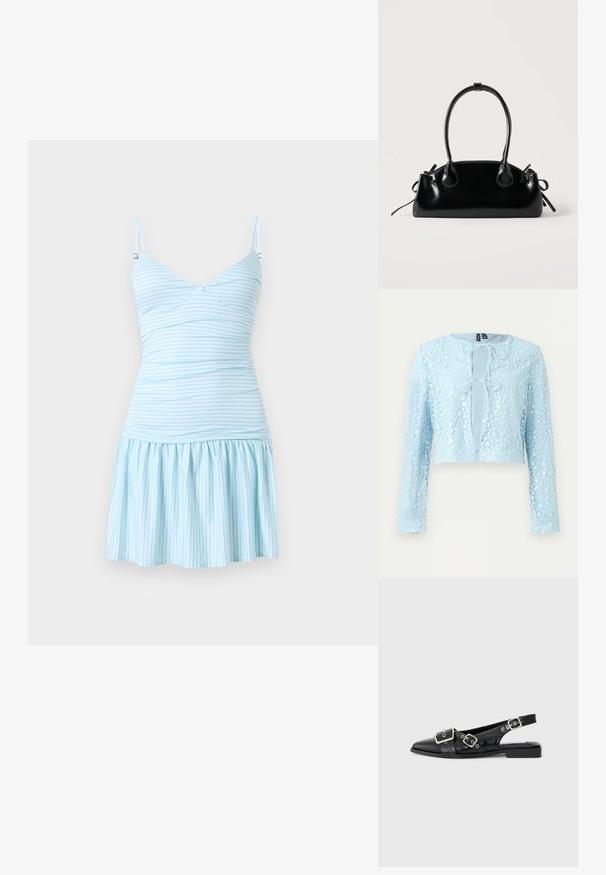 Lichtblauw cropped vest met lange mouwen, bloemige paillettenpatroon en twee voorste striksluitingen.; Lichtblauw-wit gestreepte mouwloze jurk met aansluitend lijfje, verstelbare spaghettibandjes en een geplooide uitlopende rok.; Zwart leren slingback schoen met een spitse neus, twee zilveren gespen en een lage blokhak. Bevat een gemêleerde bovenkant en een open achterkant.; Kleine zwarte glanzende handtas met twee lange hengsels en zijkant trekkoord details op een effen lichte achtergrond.