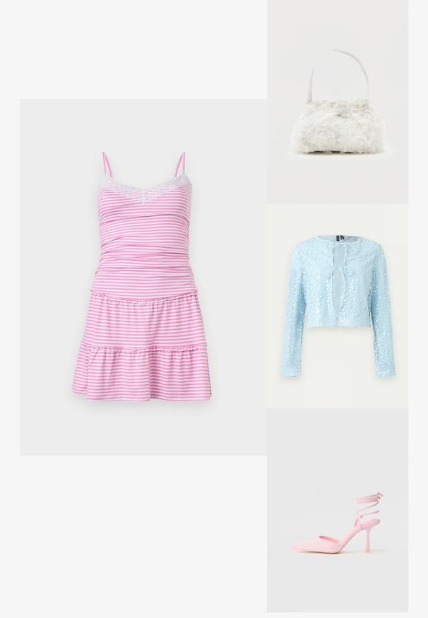 Lichtblauw cropped vest met lange mouwen, bloemige paillettenpatroon en twee voorste striksluitingen.; Roze en wit horizontaal gestreepte mouwloze jurk met kanten rand bij de halslijn en een gelaagde ruchzoom, afgebeeld op een effen achtergrond.; Roze hoge hakken met een puntige neus, satijnen afwerking en enkelsluiting met kruismotief. Slanke silhouet en dunne hak.; Kleine witte handtas met stoffen rozen die het geheel bedekken en een dunne, enkele band als handvat, op een effen achtergrond.