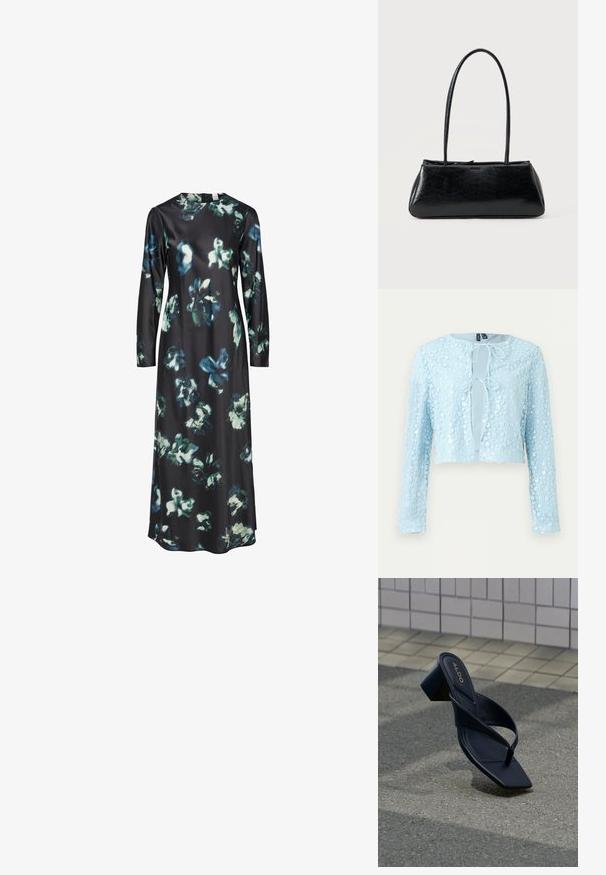 Lyseblå cropped cardigan med lange ærmer, blomster palietmønster og to frontbindelukninger.; Langærmet kjole i sort stof med et blomster mønster i blå og grønne nuancer. Rund halsudskæring med en enkel, strømlinet silhuet.; Sort hælet sandal med firkantet tå og brede stropper, vist mod en flisebelagt væg og tekstureret jordoverflade.; Sort rektangulær skuldertaske med lange tynde stropper og en glat, blank tekstur på en ensfarvet baggrund.