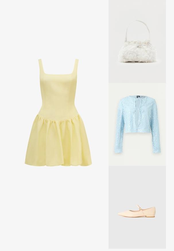Cárdigan corto azul claro con mangas largas, patrón floral de lentejuelas y dos cierres delanteros con lazos.; Vestido amarillo con escote cuadrado, tirantes delgados, corsé ajustado y falda acampanada y fruncida. Fabricado en un tejido ligero.; Zapato plano Mary Jane de punta beige con un pequeño tacón y una fina correa fijada por una hebilla dorada sobre un fondo blanco.; Pequeño bolso blanco con rosas de tela que cubren su cuerpo y una delgada correa única como asa, sobre un fondo liso.