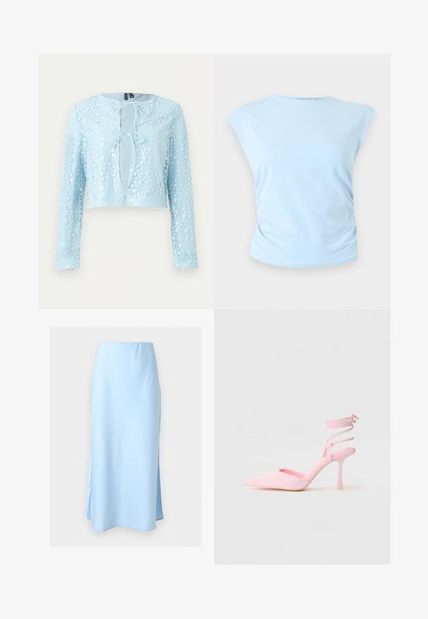 Cárdigan corto azul claro con mangas largas, patrón floral de lentejuelas y dos cierres delanteros con lazos.; Top sin mangas azul claro con escote redondo y fruncido lateral sutil sobre un fondo neutro.; Falda de raso azul claro hasta el tobillo con cintura alta y discretas aberturas laterales sobre un fondo liso.; Zapatos de tacón alto rosas con punta afilada, acabado satinado y tira en el tobillo con detalles entrecruzados. Silueta elegante y tacón fino.