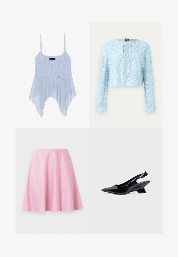 Lichtblauw cropped vest met lange mouwen, bloemige paillettenpatroon en twee voorste striksluitingen.; Even&Odd by Zalando Top - sky blue; Roze knielange A-lijn rok met gladde stof en lichte plooien, weergegeven tegen een effen witte achtergrond.; Zwarte lakleren slingback schoen met spitse neus en lage schuine blokhak op een effen lichte achtergrond.