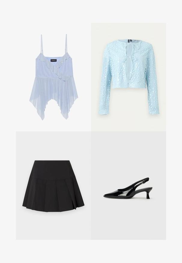 Lichtblauw cropped vest met lange mouwen, bloemige paillettenpatroon en twee voorste striksluitingen.; Even&Odd by Zalando Top - sky blue; Zwarte geplooide minirok met een brede tailleband, gelijkmatig verdeelde verticale plooien en een licht uitlopende zoom.; Zwarte lakleren slingback schoenen met een spitse neus en een lage blokhak. Verstelbare gespband bij de enkel.