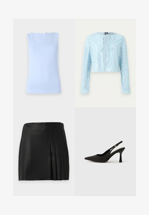 Cárdigan corto azul claro con mangas largas, patrón floral de lentejuelas y dos cierres delanteros con lazos.; Top sin mangas de color azul claro con un escote cuadrado, hecho de una tela suave, que presenta un diseño ajustado y una silueta minimalista.; Mini falda de piel sintética negra con un frente liso y detalle plisado en el lado derecho, que cuenta con un cierre de cremallera en la parte posterior.; Zapatos de tacón negro tipo slingback con puntera afilada, acabado mate suave y un tacón delgado y brillante. Correa ajustable con detalle de hebilla pequeña.