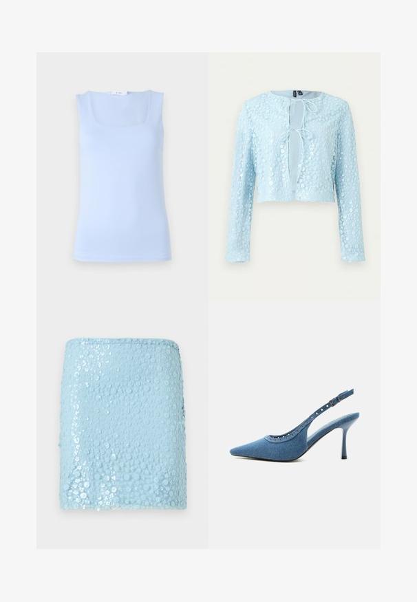Hellblauer kurz geschnittener Cardigan mit langen Ärmeln, floralem Paillettenmuster und zwei vorderen Bänderverschlüssen.; Helles blaues ärmelloses Oberteil mit quadratischem Ausschnitt, aus glattem Stoff gefertigt, mit einer taillierten Passform und einer minimalistischen Silhouette.; Hellblauer Minirock, verziert mit kleinen floralen Pailletten, die ein schimmerndes, strukturiertes Muster bilden.; Blauer Denim-Pumps mit spitz zulaufender Vorderkappe, silbernen Ösendetails und verstellbarem Schnallenriemen.