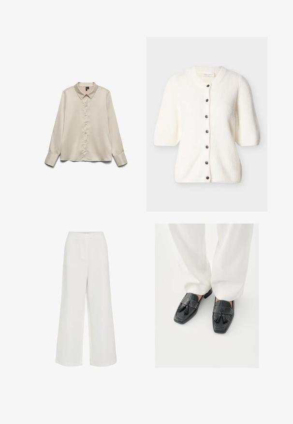 Cárdigan corto de manga corta blanco con textura acanalada, escote redondo y siete botones oscuros en la parte delantera.; Blusa de manga larga color beige claro hecha de tejido suave, con cuello puntiagudo, cierre de botones completo y puños de un botón.; Pantalones blancos de pierna ancha con cintura alta y diseño limpio y minimalista, detalle de costura frontal y sin cierres o bolsillos visibles.; Mocasines negros de cuero con borlas, con punteras cuadradas y costuras decorativas, combinados con pantalones blancos de pierna ancha.