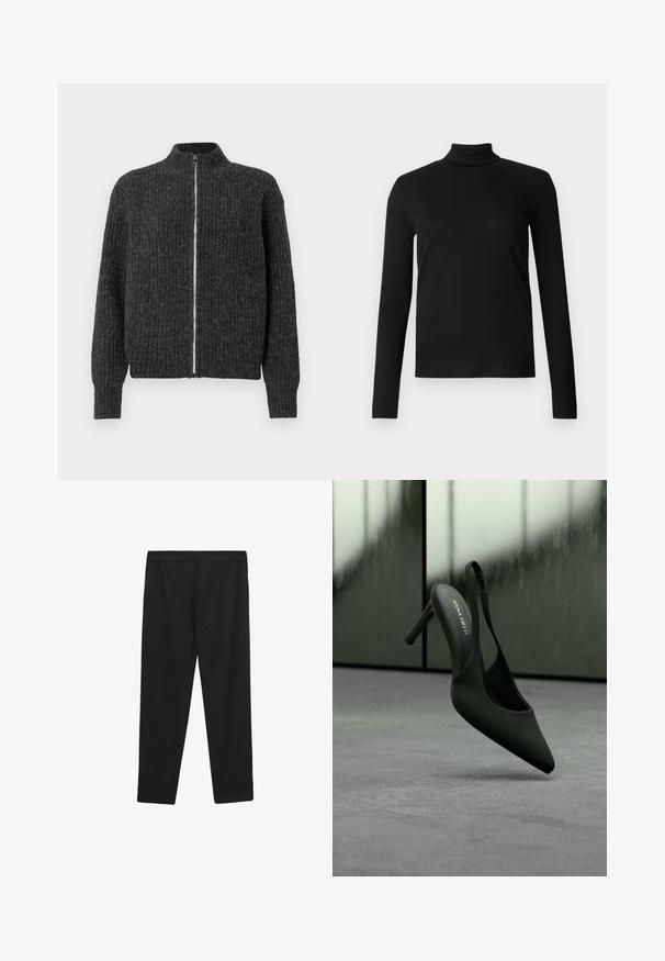 Donkergrijze gebreide trui met een hoge kraag, volledige rits aan de voorkant en een geribbelde textuur, voorzien van lange mouwen en een aansluitende taille.; Zwarte langwerpige turtleneck shirt van zachte stof, met een aansluitend ontwerp en een gladde textuur. Geen patronen of zichtbare hardware.; Zwarte, elastische sportbroek met een gladde textuur, elastische tailleband en rechte snit, geschikt voor sportkleding of casual gebruik.; Zwarte slingback hoge hak met spitse neus en enkelriempje, merk "ANNA FIELD", licht zwevend boven een grijs oppervlak.