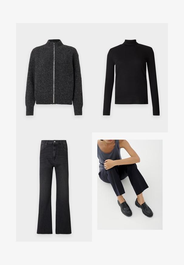 Suéter de punto gris oscuro con un alto cuello, cremallera frontal completa y textura acanalada, con mangas largas y dobladillo ajustado.; Camisa de cuello alto de manga larga negra, confeccionada con una tela suave, con un diseño ajustado y textura lisa. Sin patrones ni hardware visible.; Vaqueros acampanados negros de tela vaquera, con cintura alta, dos bolsillos delanteros y un sutil desgaste. Cinco trabillas para cinturón y cierre clásico con botón metálico.; Mocasines de cuero negro con detalles texturizados, tacón bajo, puntera redonda y costuras visibles. Modelo vistiendo pantalones oscuros y una blusa gris.