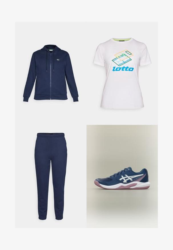 Sudadera con cremallera color marino, con capucha ajustable, textura suave, puños acanalados y un pequeño logo verde en el lado izquierdo del pecho.; Camiseta blanca de algodón de manga corta, con un gráfico geométrico colorido y el logo "lotto" en azul en la parte frontal.; Pantalones de chándal azul marino con cintura elástica y puños en los tobillos, vista frontal, hechos de una tela suave para el uso casual.; Zapatilla deportiva azul marino con suela blanca y rosa, logo blanco en el lateral, diseño con cordones y detalles de malla en la puntera y laterales.