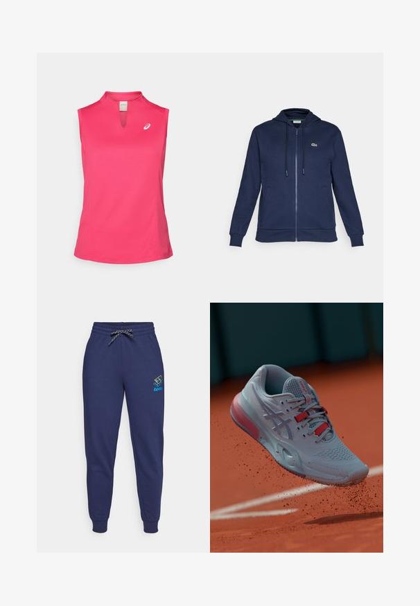 Marinefarbener Zip-Hoodie mit Kapuze und Kordelzug, weicher Textur, gerippten Bündchen und einem kleinen grünen Logo auf der linken Brust.; ASICS COURT TANK - Top - bright rose; Dunkelblaue Jogginghose mit Kordelzugbund und Bündchen an den Knöcheln. Mit einem lebhaften Lotto-Logo auf dem linken Oberschenkel. Aus weichem Stoff gefertigt.; Hellblauer Tennisschuh mit einer strukturierten Oberseite, roten Akzenten und einer halbtransparenten Sohle, in der Luft über einer Lehmbodenfläche gezeigt.