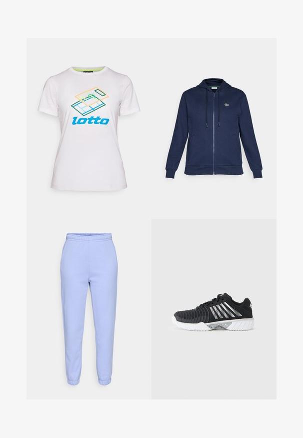Marineblauwe rits hoodie met een trekkoordcapuchon, zachte textuur, geribbelde manchetten en een klein groen logo op de linker borst.; Witte korte mouwen t-shirt van katoen, met een kleurraf geometrische grafiek en het "lotto" logo in het blauw over de voorkant.; Lichtblauwe joggingbroek van zachte stof, met een elastische tailleband en taps toelopende manchetten. Geen zichtbare patronen of hardware-details.; Zwarte sportschoen met witte gripzool, diagonale witte strepen aan de zijkant, een gestructureerde neuskap en vetersluiting, op een grijze achtergrond.