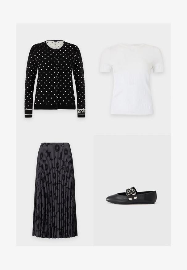 Cárdigan negro con botones y lunares blancos, escote redondo y texto "JOOP!" en el puño izquierdo.; Camiseta blanca de manga corta confeccionada con tejido de punto acanalado. Presenta un escote redondo y una silueta ajustada. Textura suave en toda la prenda.; Falda negra plisada con un patrón floral, hecha de tela ligera; presenta rayas verticales y una cinturilla elástica.; Zapato plano de cuero negro con punta afilada y dos correas con hebillas plateadas cruzando la parte superior, fotografiado sobre un fondo claro y sencillo.