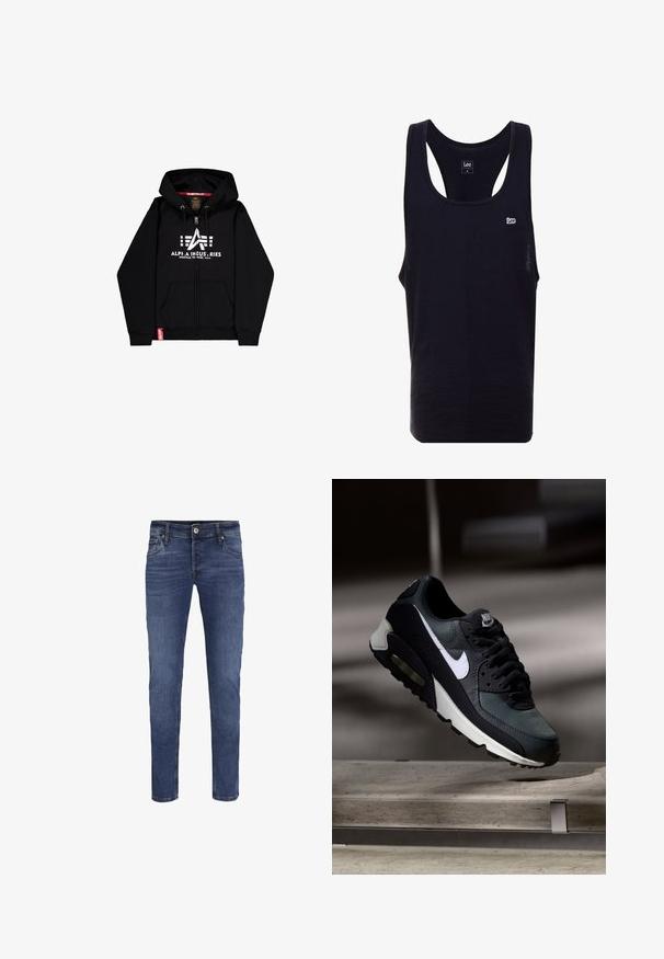 Sort zip-up hoodie lavet af bomuldsblanding, med et stort hvidt logo og tekst på brystet, to forlommer og et rødt mærketag.; Sort tanktop lavet af bomuld med rund halsudskæring og brede ærmegab. Har et lille hvidt logo på venstre side. Enkel design, afslappet pasform.; Slim-fit blå denim jeans til mænd med knap- og lynlåslukning, for- og baglommer samt subtile blege detaljer.; Sort og grå Nike Air Max sneaker med hvid swoosh, ophængt over en betongulv mod en sløret mørk baggrund.