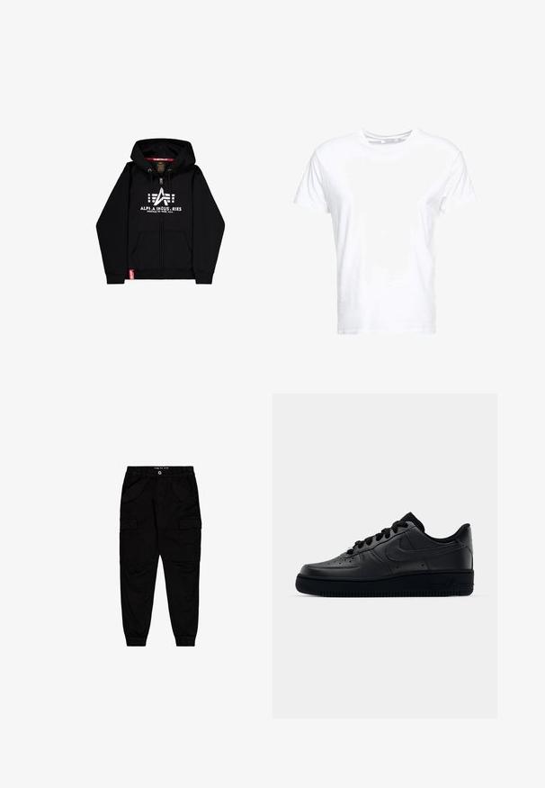 Sweat à zip noir en mélange de coton, avec un grand logo blanc et du texte sur la poitrine, deux poches avant et une étiquette de marque rouge.; T-shirt en coton blanc avec un col rond et des manches courtes, au fit classique et à la texture lisse. Aucun motif ni accessoire visible.; Pantalons cargo noirs en coton, dotés de deux poches avant et de deux poches cargo sur les côtés, avec des poignets et une taille élastiqués.; Baskets Nike Air Force 1 noires avec un dessus en cuir lisse, bout perforé pour la respirabilité, lacets noirs et semelle en caoutchouc texturé.
