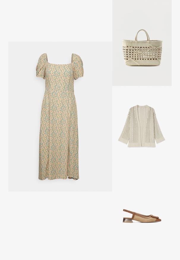 Beige, open-front gebreid vest met brede mouwen en een gestructureerd patroon van verticale oogjesrijen.; Even&Odd Jurk - green/pink; Bruine slingback schoen met geweven textuur en glad leer. Kenmerkt zich door een platte metallic hak en een decoratieve gedraaide details bij de tenen.; Geweven beige boodschappentas met openingsvormig midden en meerdere gestrikte strikken, voorzien van korte, gevlochten handvatten.