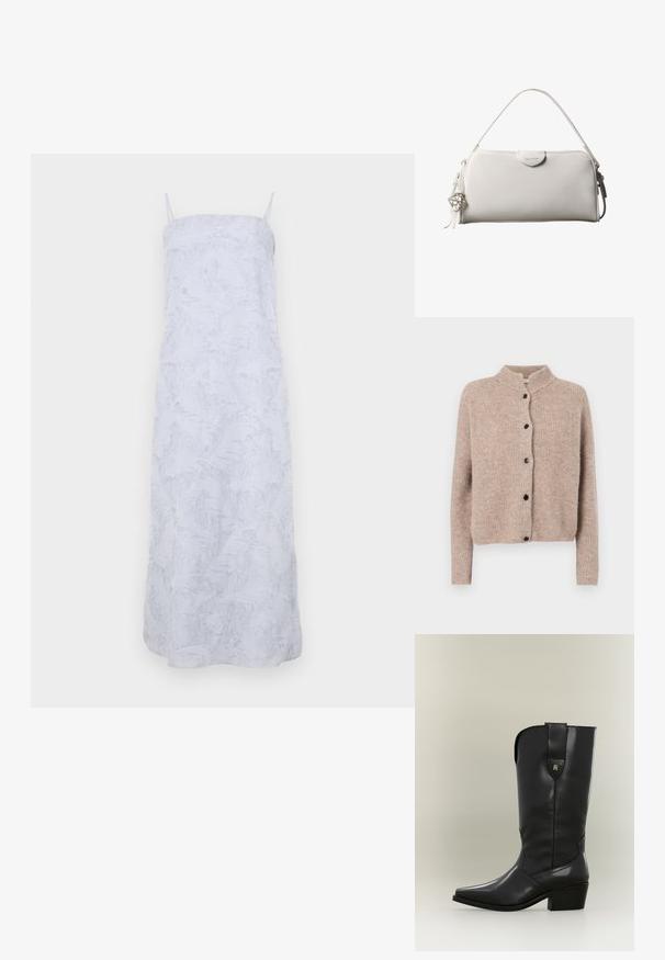 Gilet en maille beige avec un col élevé, texture côtelée et cinq boutons noirs sur le devant. Manches courtes légèrement amples.; Robe maxi blanche avec des fines bretelles, en matière douce et texturée, et présentant un motif en relief subtil sur l'ensemble. Silhouette simple et droite.; Botte de cow-boy haute en cuir noir avec bout pointu, talon épais et languette avec un petit logo doré.; Sac à main rectangulaire blanc Calvin Klein avec une seule poignée, design minimaliste et pampilles décoratives avec un charm métallique géométrique sur le côté.