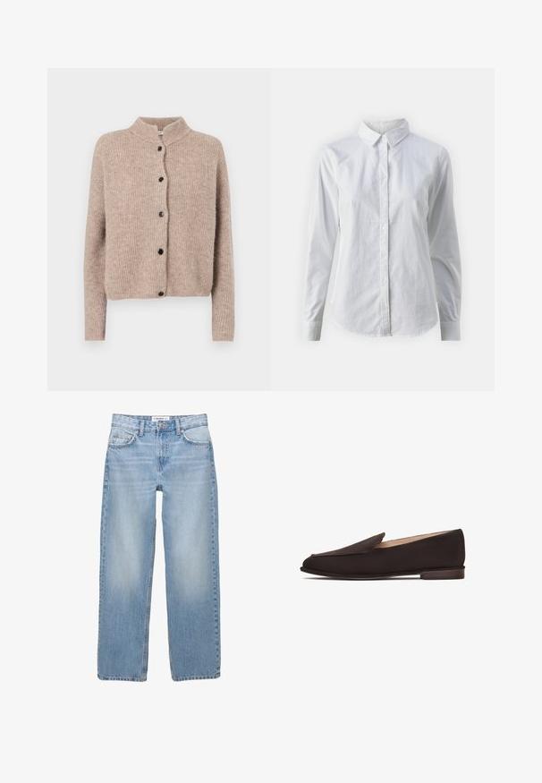 Beige strikket cardigan med høj krave, ribbet tekstur og fem sorte knapper foran. Korte, lidt løse ærmer.; Hvid skjorte med knapper lavet af glat bomuld, der har en klassisk krave, lange ærmer og en buet kant. Knapperne er små og hvide.; Lyseblå denimbukser med lige ben, fem-pockets stil og synlige syninger. Stofmaterialet har en blød, let falmet tekstur.; Sorte loafers med en glat stofoverdel, spids tå og lavt træhæl. Har et enkelt slip-on design uden synligt udstyr eller pynt.