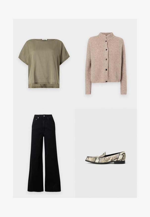 Gilet en maille beige avec un col élevé, texture côtelée et cinq boutons noirs sur le devant. Manches courtes légèrement amples.; Haut court olive en vert, fabriqué en tissu léger, présentant une coupe ample et un ourlet droit. Design minimaliste avec un col rond.; Jeans larges noirs en denim, avec une taille haute, cinq poches, une fermeture à boutons sur le devant, et des détails de couture minimaux.; Mocassins confectionnés en simili peau de serpent texturée beige et noire, avec un talon plat et un design classique sans lacets.