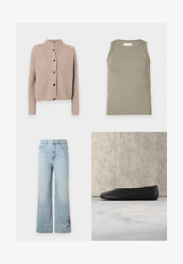Beige strikket cardigan med høj krave, ribbet tekstur og fem sorte knapper foran. Korte, lidt løse ærmer.; Ribbet tanktop i olivengrøn med rund halsudskæring og ærmeløs design. Fremstillet af blødt, elastisk materiale med en tætsiddende pasform.; Lysblå vide jeans lavet af denim, med en falmet tekstur og blomsterbroderi detalje på den nederste venstre ben.; Sorte læder balletflade med en rund tå, glat tekstur og en gulds logoaccent på siden. Placeret over en reflekterende overflade.